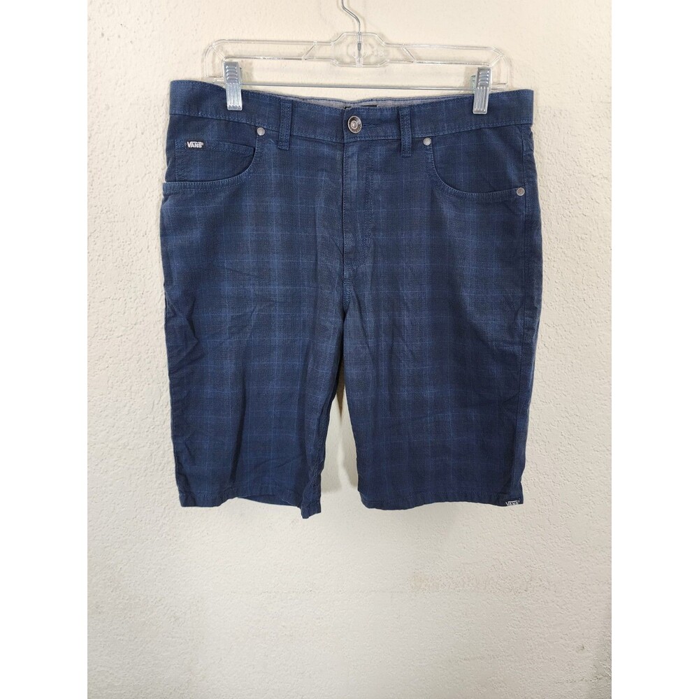 VANS Mens Shorts 32 Navy Blue Tonal Plaid 100% Cotton 5 Pocket Skater Walk
